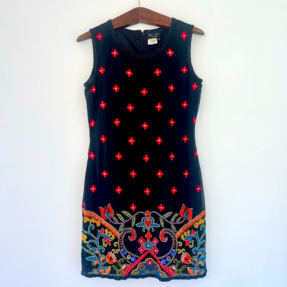 Black Sleeveless Mini Dress with Red Embroidered Accents